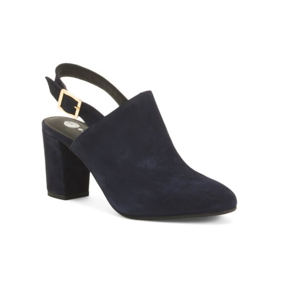 ERIC MICHAEL Navy Made In Portugal Suede Blanche Heel Mules - Picture 1 of 2